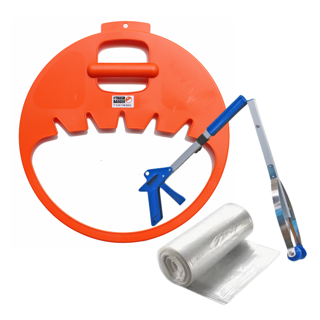 orange volunteer kit with reacher and bags