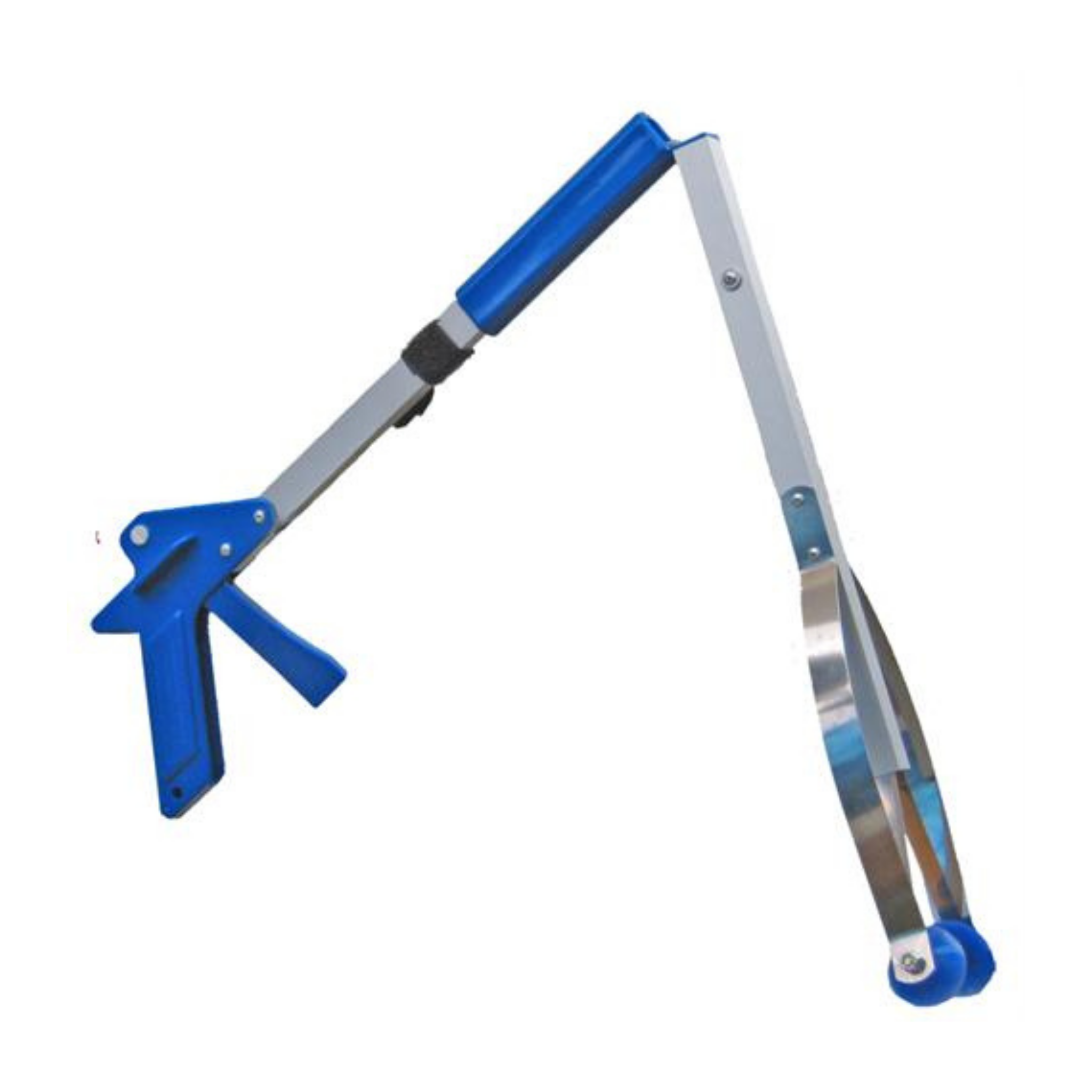 Blue collapsible litter reacher for picking up garbage