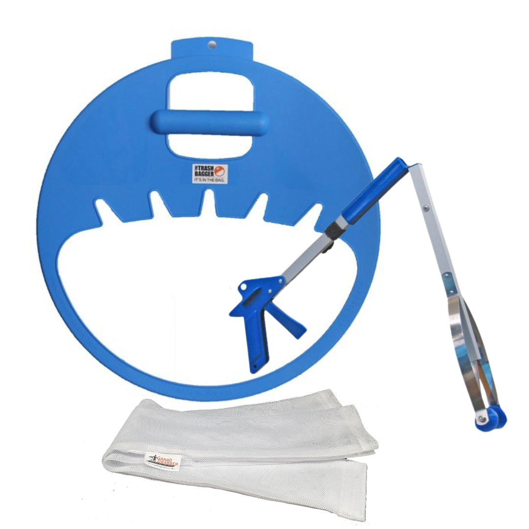 blue volunteer kit with reacher and net bag
